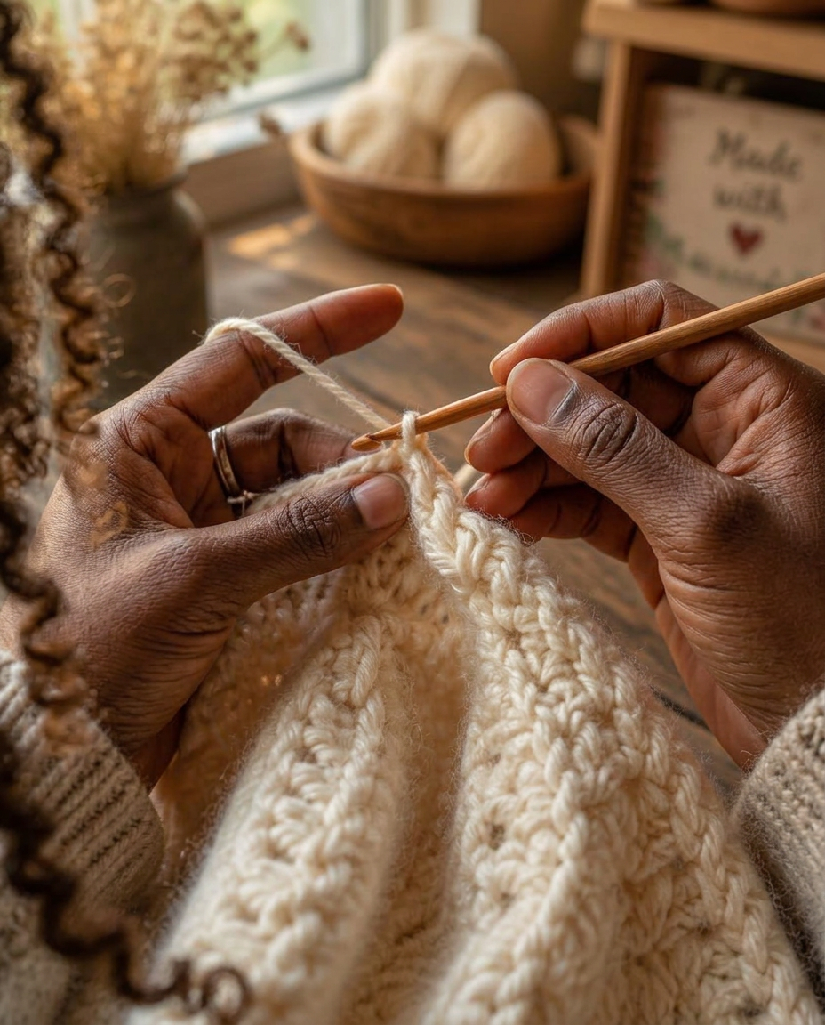 An African maker's hands crocheting with cream yarn and a wooden hook